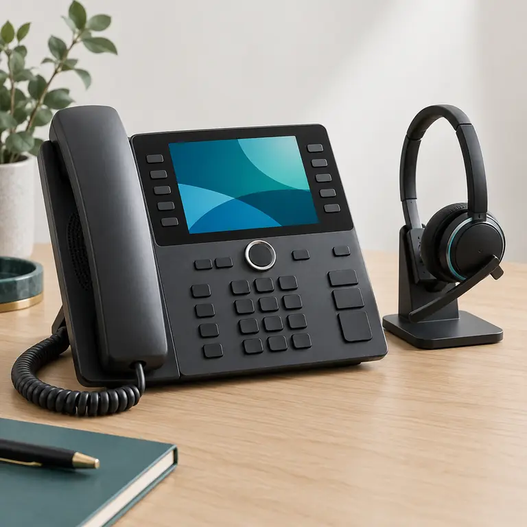 An IP desk phone and a wireless headset on a desk